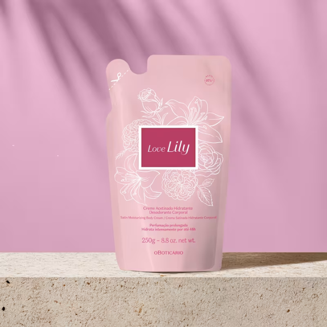 Boticário Love Lily Satin Cream with Shea Butter and Vitamin E ingredients – Buy now at MKPBR.COM – Worldwide Shipping