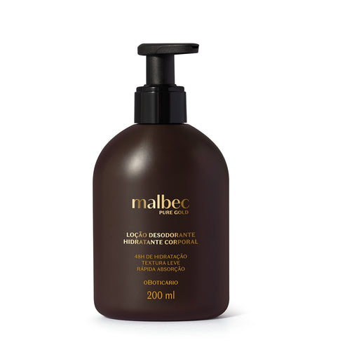 Boticário Malbec Pure Gold deodorant moisturizing body lotion 200 ml dark brown pump bottle, front view with gold lettering – Buy now at MKPBR.COM – Worldwide Shipping