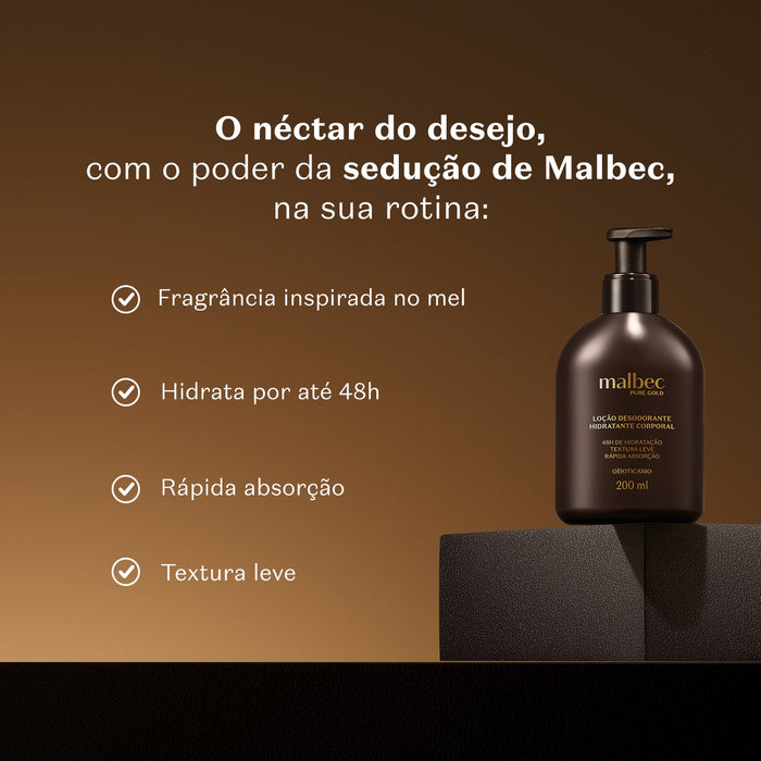 Boticário Malbec Pure Gold body lotion benefits banner in Portuguese listing honey-inspired fragrance, up to 48h hydration, fast absorption and light texture – Buy now at MKPBR.COM – Worldwide Shipping
