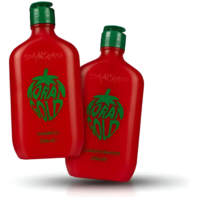 Gold Spell Co. Morangold duo bottles red and green design with strawberry logo for healthy shiny hair - Buy now at MKPBR.COM - Worldwide Shipping