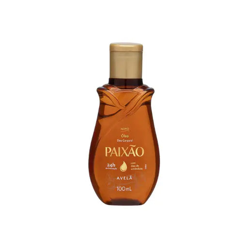 Front view of Paixão Avelã (Hazelnut) deodorant body oil, 3.38 fl oz (100 mL), amber bottle with gold cap. Buy now at MKPBR.COM – Worldwide Shipping
