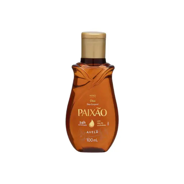Front view of Paixão Avelã (Hazelnut) deodorant body oil, 3.38 fl oz (100 mL), amber bottle with gold cap. Buy now at MKPBR.COM – Worldwide Shipping