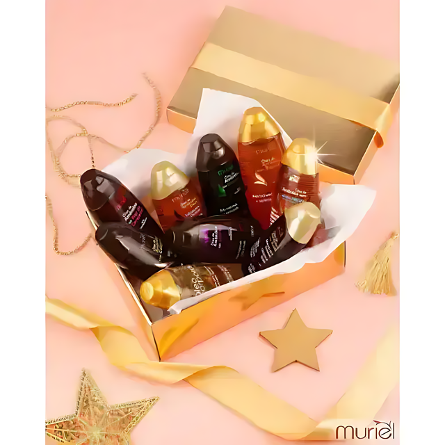 Muriel Almond Body Oil | Hydrating & Antioxidant Skin Elixir | 5.07 fl oz (150ml) - Collection of Muriel body oils in a golden gift box, showcasing the range and the Hazelnut variant – Buy now at MKPBR.COM – Worldwide Shipping