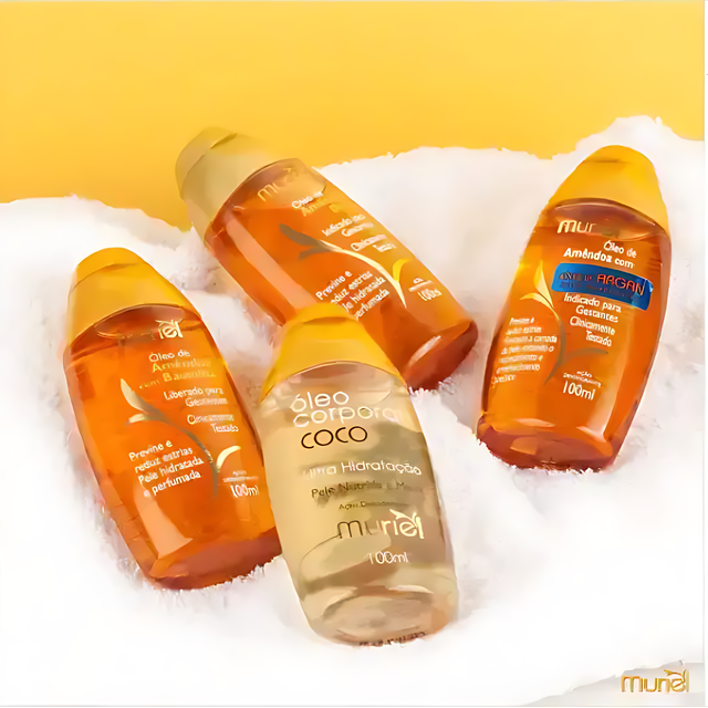 Muriel Almond Body Oil | Hydrating & Sensual Skin Elixir | 5.07 fl oz (150ml) - Group of Muriel body oils on a white towel against a yellow background, featuring the almond variants – Buy now at MKPBR.COM – Worldwide Shipping