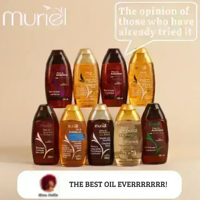 Muriel Sweet Almond Body Oil | Moisture Balance |Group shot with other Muriel products, emphasizing brand consistency and quality – Buy now at MKPBR.COM – Worldwide Shipping