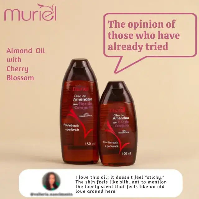 Muriel Almond & Cherry Blossom Body Oil | Prevents Dryness | 5.07 fl oz (150ml) - View highlighting ingredient information, focusing on its skin-enhancing properties – Buy now at MKPBR.COM – Worldwide Shipping
