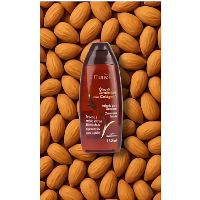 Muriel Almond & Collagen Body Oil | Hydrating & Firming Skin Elixir | 3.38 fl oz (100ml) - Bottle positioned with almond kernels, illustrating essential skin nutrition – Buy now at MKPBR.COM – Worldwide Shipping