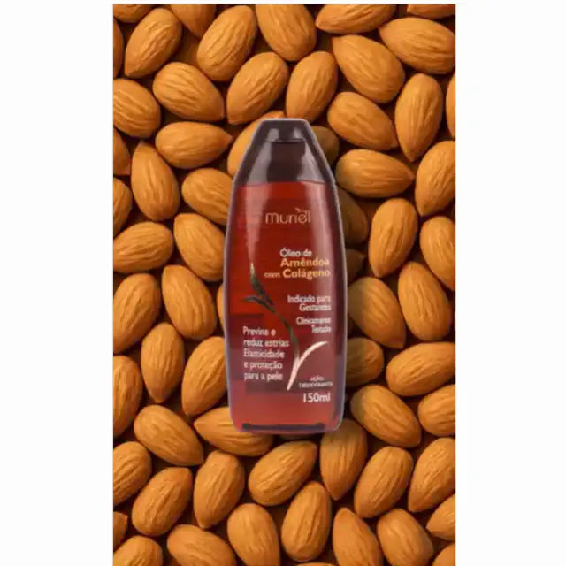 Muriel Almond & Collagen Body Oil | Hydrating & Firming Skin Elixir | 3.38 fl oz (100ml) - Bottle positioned with almond kernels, illustrating essential skin nutrition – Buy now at MKPBR.COM – Worldwide Shipping