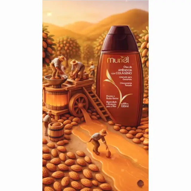 Muriel Almond & Collagen Body Oil | Hydrating & Firming Skin Elixir | 3.38 fl oz (100ml) - Product with subtle ludical background, emphasizing its almond proprieties – Buy now at MKPBR.COM – Worldwide Shipping