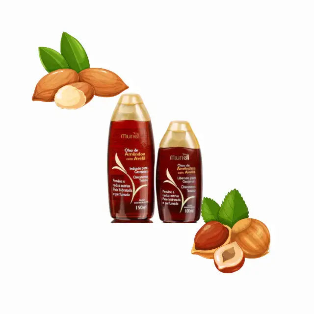 Muriel Almond & Hazelnut Body Oil | Hydrating & Antioxidant Skin Elixir | 5.07 fl oz (150ml) - Bottle displayed with almonds and hazelnuts, emphasizing its natural nourishing ingredients – Buy now at MKPBR.COM – Worldwide Shipping