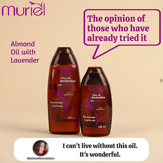 Muriel Almond & Lavender Body Oil | Relaxing Fragrance | 3.38 fl oz (100ml) - Detailed shot of the label, showcasing its calming scent – Buy now at MKPBR.COM – Worldwide Shipping