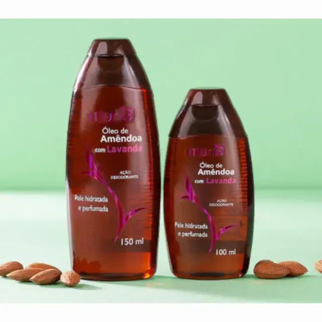 Muriel Almond & Lavender Body Oil | Soothing & Softening | 5.07 fl oz (150ml) - Side view of the bottle, emphasizing its sleek design and capacity – Buy now at MKPBR.COM – Worldwide Shipping
