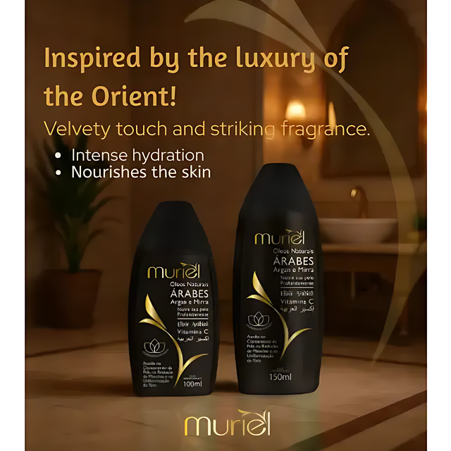 Muriel Arabian Natural Oils Body Oil (Argan & Myrrh) | Exotic Hydration | 3.38 fl oz (100ml) - Front view of the product packaging, highlighting its key features and elegant design – Buy now at MKPBR.COM – Worldwide Shipping