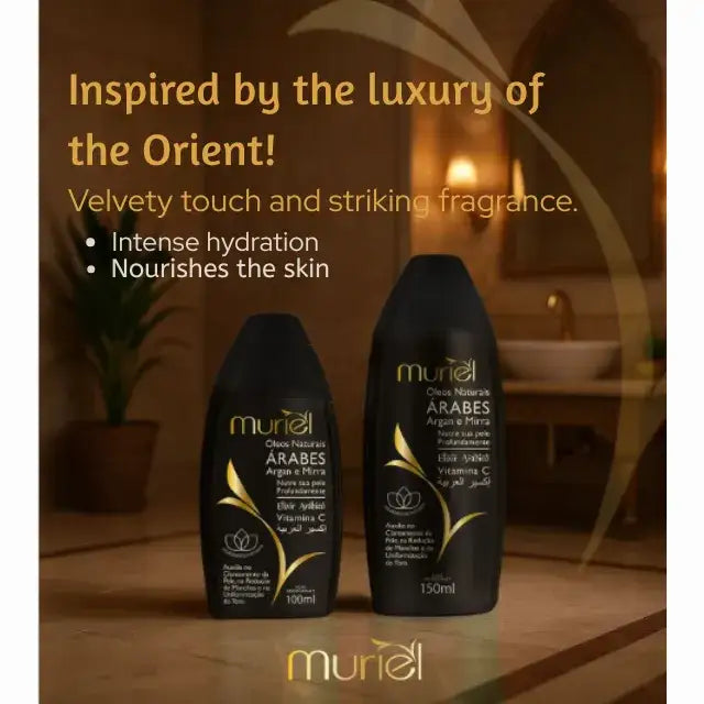 Muriel Arabian Natural Oils Body Oil (Argan & Myrrh) | Exotic Hydration | 3.38 fl oz (100ml) - Front view of the product packaging, highlighting its key features and elegant design – Buy now at MKPBR.COM – Worldwide Shipping
