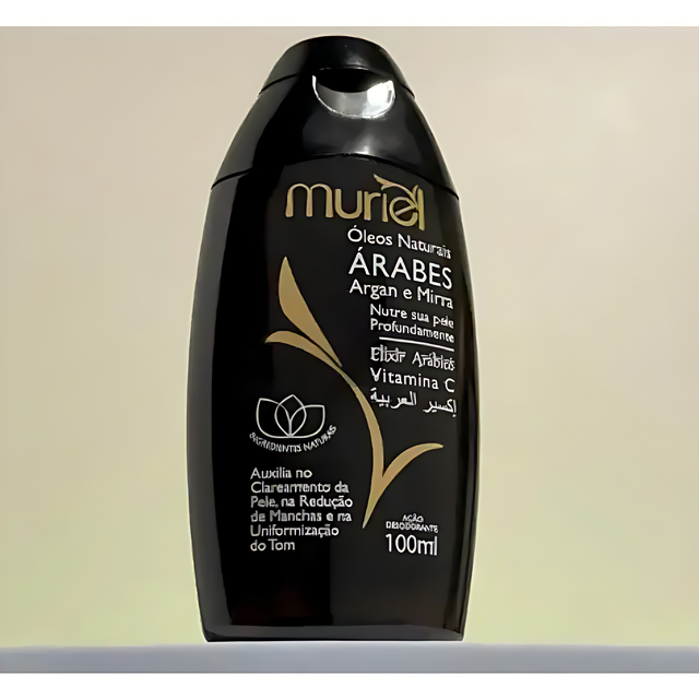 Muriel Arabian Natural Oils Body Oil (Argan & Myrrh) | Luxurious Fragrance | 3.38 fl oz (100ml) - Detailed shot of the label, showcasing its captivating scent – Buy now at MKPBR.COM – Worldwide Shipping