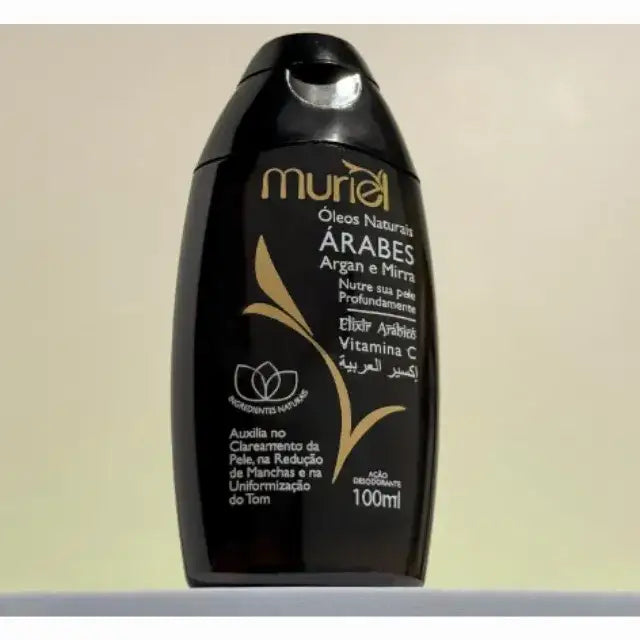 Muriel Arabian Natural Oils Body Oil (Argan & Myrrh) | Luxurious Fragrance | 3.38 fl oz (100ml) - Detailed shot of the label, showcasing its captivating scent – Buy now at MKPBR.COM – Worldwide Shipping
