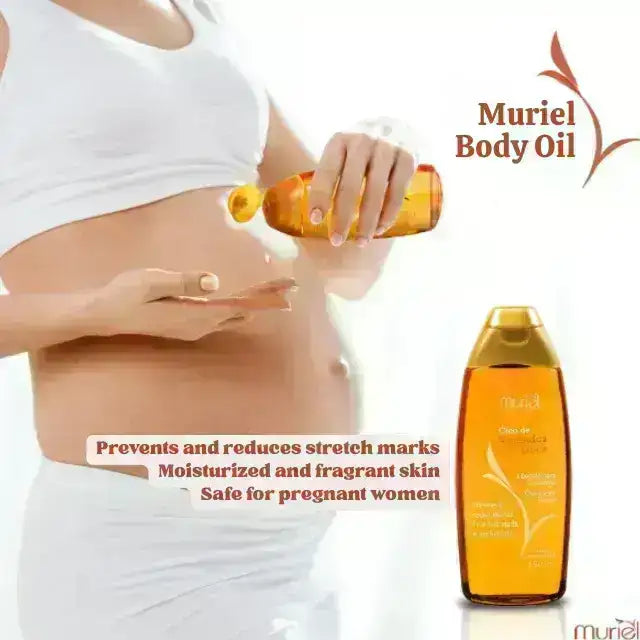 Muriel Body Oil | Stretch Mark Prevention | Detailed shot of the label, showcasing its benefits for skin elasticity – Buy now at MKPBR.COM – Worldwide Shipping