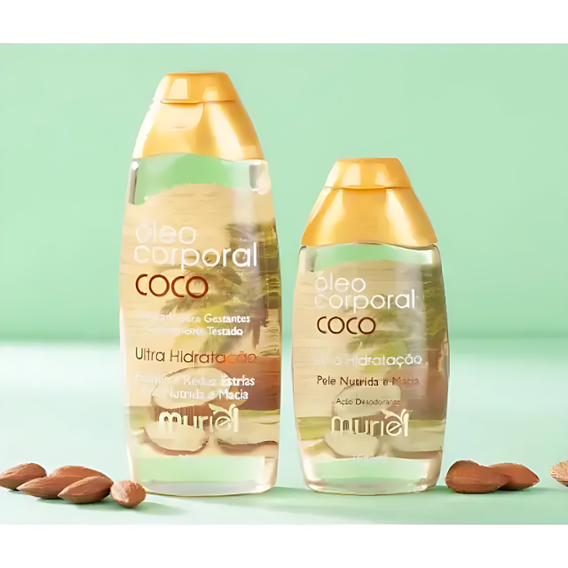 Muriel Coconut Body Oil | Moisture Rich | 5.07 fl oz (150ml) - Detailed view of the product packaging, emphasizing its deep moisturizing effects – Buy now at MKPBR.COM – Worldwide Shipping