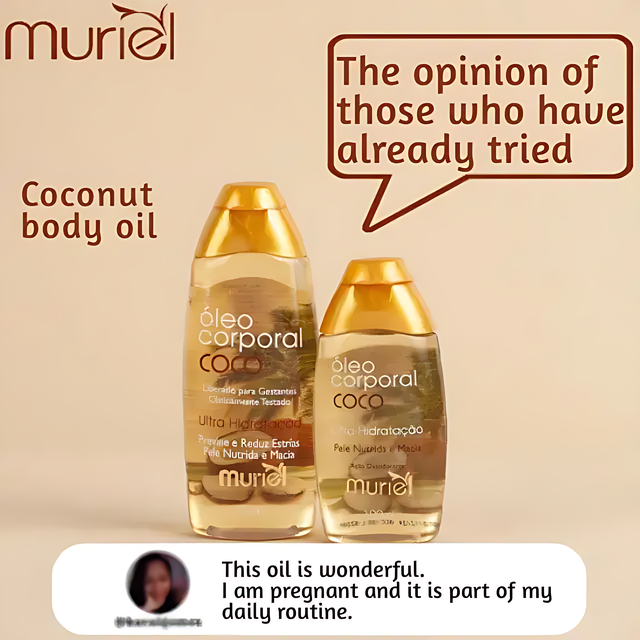 Muriel Coconut Body Oil | Nourishing & Velvety | 5.07 fl oz (150ml) - Side view of the bottle, emphasizing its sleek design and capacity – Buy now at MKPBR.COM – Worldwide Shipping
