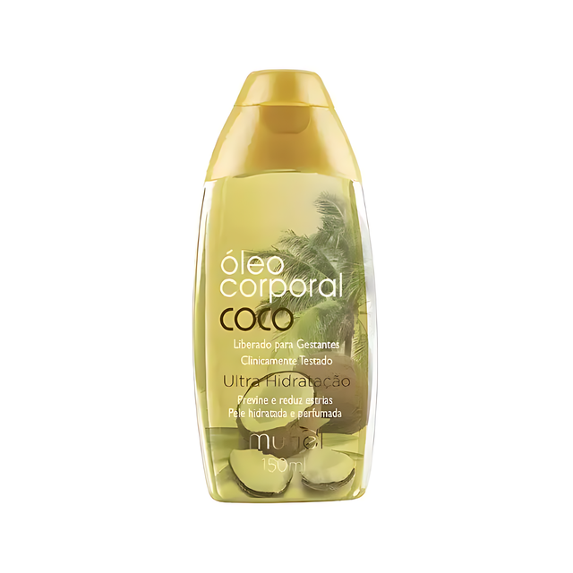 Muriel Coconut Body Oil | Ultra-Hydrating, Elasticity & Nourishing Elixir | 5.07 fl oz (150ml) - Front view of the product packaging, highlighting its key features and elegant design – Buy now at MKPBR.COM – Worldwide Shipping