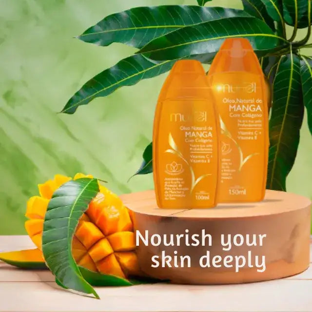 Muriel Mango with Collagen Body Oil | Invigorating Fragrance | 3.38 fl oz (100ml) - Detailed shot of the label, showcasing its vibrant scent – Buy now at MKPBR.COM – Worldwide Shipping