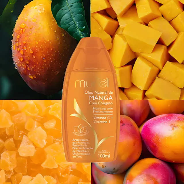 Muriel Mango with Collagen Body Oil | Supple Skin Formula | 5.07 fl oz (150ml) - View highlighting ingredient information, focusing on its skin-enhancing properties – Buy now at MKPBR.COM – Worldwide Shipping