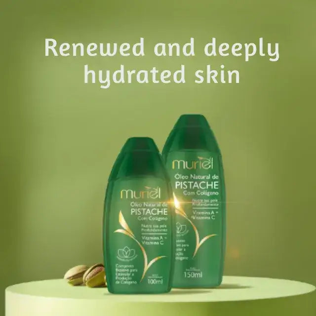 Muriel Pistachio with Collagen Body Oil | Creamy Aroma | 3.38 fl oz (100ml) - Product held in hand, conveying its ergonomic design and luxurious feel – Buy now at MKPBR.COM – Worldwide Shipping
