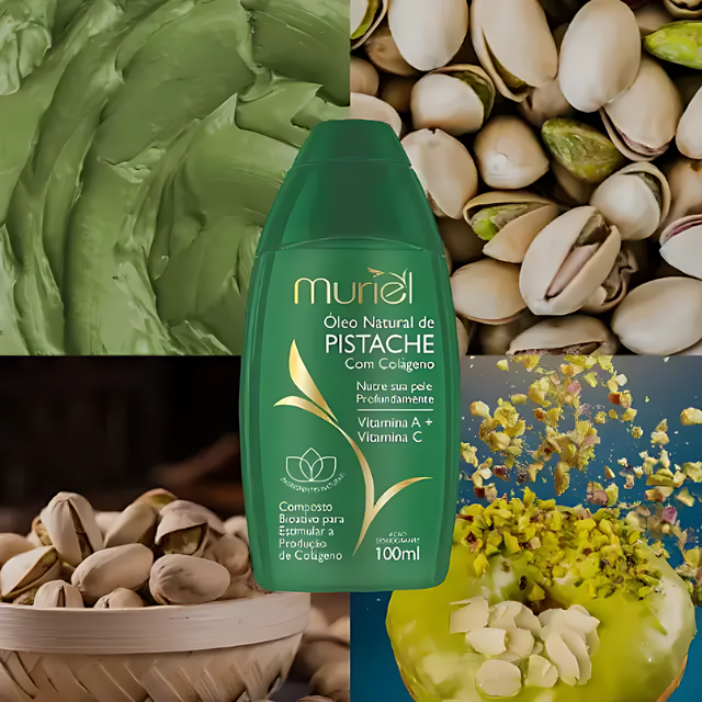 Muriel Pistachio with Collagen Body Oil | Elasticity Booster | 5.07 fl oz (150ml) - View highlighting ingredient information, focusing on its skin-enhancing properties – Buy now at MKPBR.COM – Worldwide Shipping