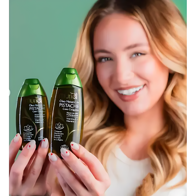 Muriel Pistachio with Collagen Body Oil | Firming & Fragrance | 5.07 fl oz (150ml) - Side view of the bottle, emphasizing its sleek design and capacity – Buy now at MKPBR.COM – Worldwide Shipping