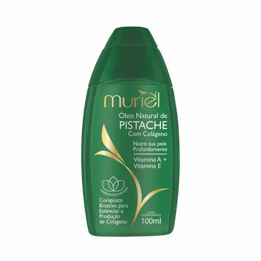 Muriel Pistachio with Collagen Body Oil | Intense Hydration, Firming & Sophisticated Elixir | 3.38 fl oz (100ml) - Front view of the product packaging, highlighting its key features and elegant design – Buy now at MKPBR.COM – Worldwide Shipping