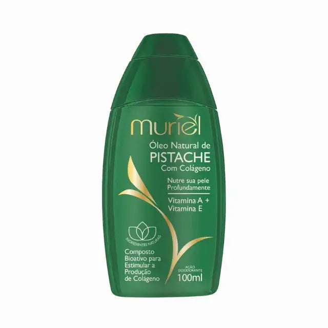Muriel Pistachio with Collagen Body Oil | Intense Hydration, Firming & Sophisticated Elixir | 3.38 fl oz (100ml) - Front view of the product packaging, highlighting its key features and elegant design – Buy now at MKPBR.COM – Worldwide Shipping