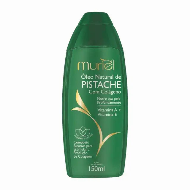 Muriel Pistachio with Collagen Body Oil | Intense Hydration, Firming & Sophisticated Elixir | 5.07 fl oz (150ml) - Front view of the product packaging, highlighting its key features and elegant design – Buy now at MKPBR.COM – Worldwide Shipping