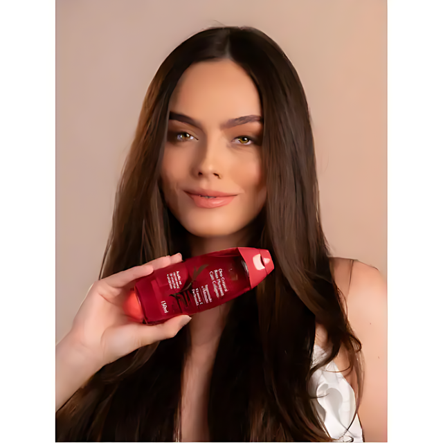 Muriel Rosehip & Collagen Body Oil | Hydrating & Firming Elixir | 3.38 fl oz (100ml) - Beautiful woman with long dark hair holding the oil, emphasizing radiant skin and daily beauty routines – Buy now at MKPBR.COM – Worldwide Shipping