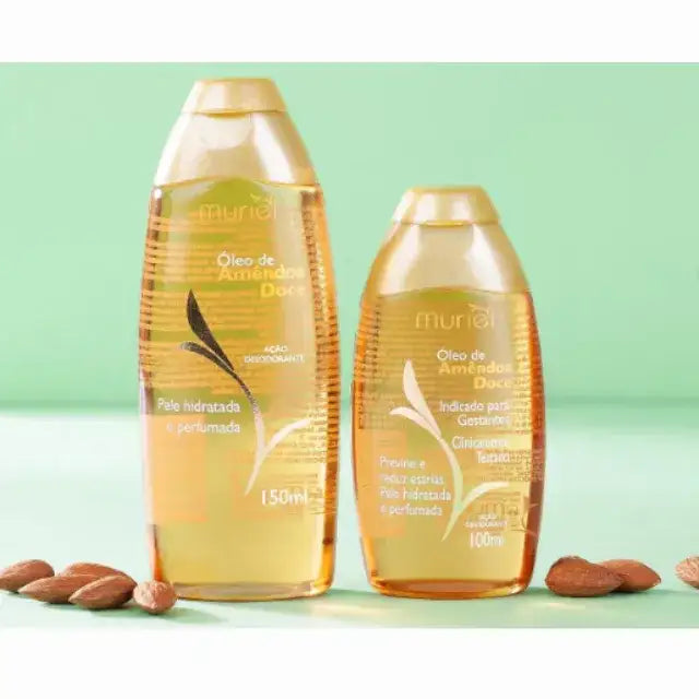 Muriel Sweet Almond Body Oil | Deodorant & Velvety | 3.38 fl oz (100ml) - Detailed shot of the label, showcasing its skin-enhancing properties – Buy now at MKPBR.COM – Worldwide Shipping

