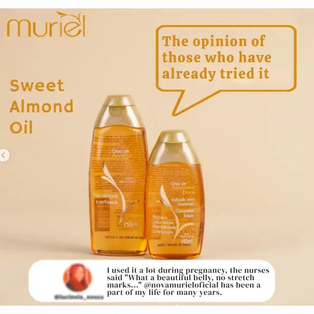 Muriel Sweet Almond Body Oil | Vitamin E & Softening | 5.07 fl oz (150ml) - Side view of the bottle, emphasizing its sleek design and capacity – Buy now at MKPBR.COM – Worldwide Shipping
