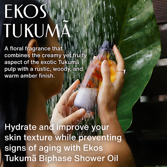 Natura Ekos Tukumã Biphase Shower Oil – 6.76 fl oz (200 ml) bathroom lifestyle scene – Buy now at MKPBR.COM – Worldwide Shipping