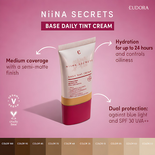 Niina Secrets Daily Tint Cream Foundation cruelty free vegan seal – Buy now at MKPBR.COM – Worldwide Shipping