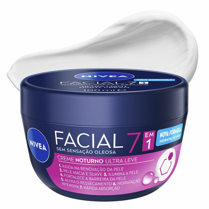 Nivea Ultralight 7-in-1 Night Facial Cream 100g jar front view – Buy now at MKPBR.COM – Worldwide Shipping