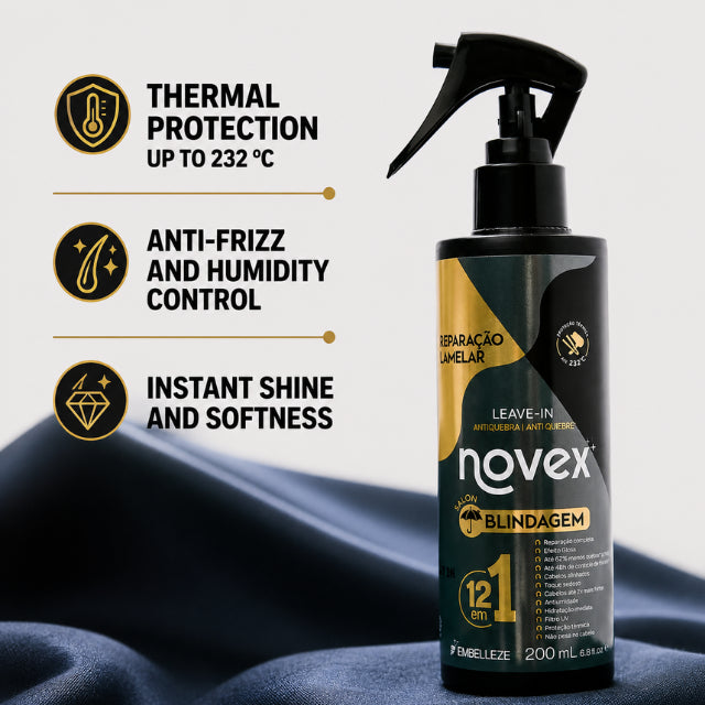 Novex Salon Blindagem 12-in-1 Brazilian hair shield 200ml before and after heat styling protection – Buy now at MKPBR.COM – Worldwide Shipping