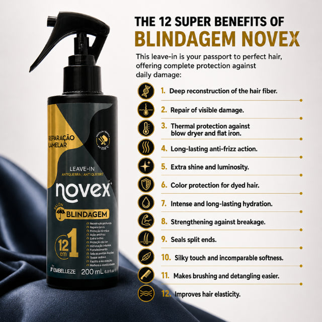 Novex Salon Blindagem 12-in-1 leave-in cream 7.05 oz showing rich texture and application – Buy now at MKPBR.COM – Worldwide Shipping