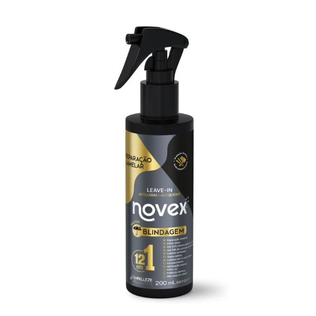 Novex Salon Blindagem 12-in-1 Thermal Protector and Repairing Leave-In 200ml packaging front view – Buy now at MKPBR.
COM – Worldwide Shipping