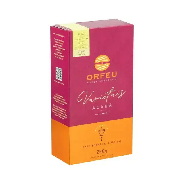 Orfeu Acauã Ground Coffee – A vibrant package of Orfeu Acauã Ground Coffee, highlighting its distinctive branding and 'Acauã Varietal' label. – Buy now at MKPBR.COM – Worldwide Shipping