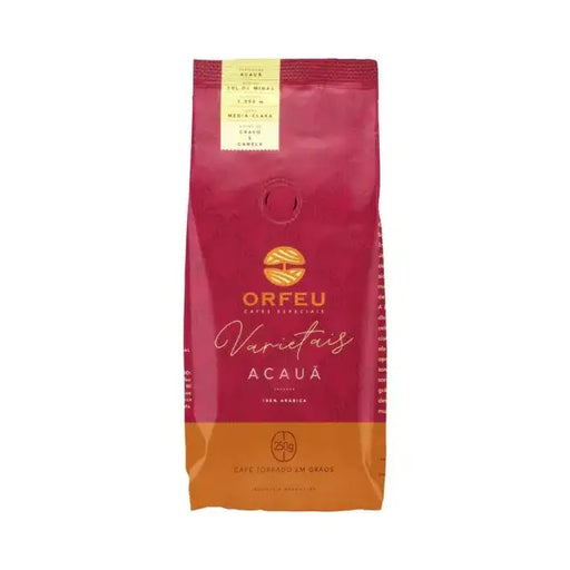 Orfeu Acauã Whole Bean Coffee –  The front view of the Orfeu Acauã Whole Bean Coffee packaging, clearly displaying the 250g weight and 'Acauã Varietal'. – Buy now at MKPBR.COM – Worldwide Shipping