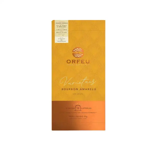 Orfeu Bourbon Amarelo Espresso Capsules – 100% Arabica, Medium-Light Roast – 10 Count, 1.76 oz (50g) – A close-up of the elegant Orfeu Bourbon Amarelo capsule box, clearly showing the '10 Unidades' (10 Units) label, with loose golden capsules highlighting its Nespresso®* compatibility. – Buy now at MKPBR.COM – Worldwide Shipping