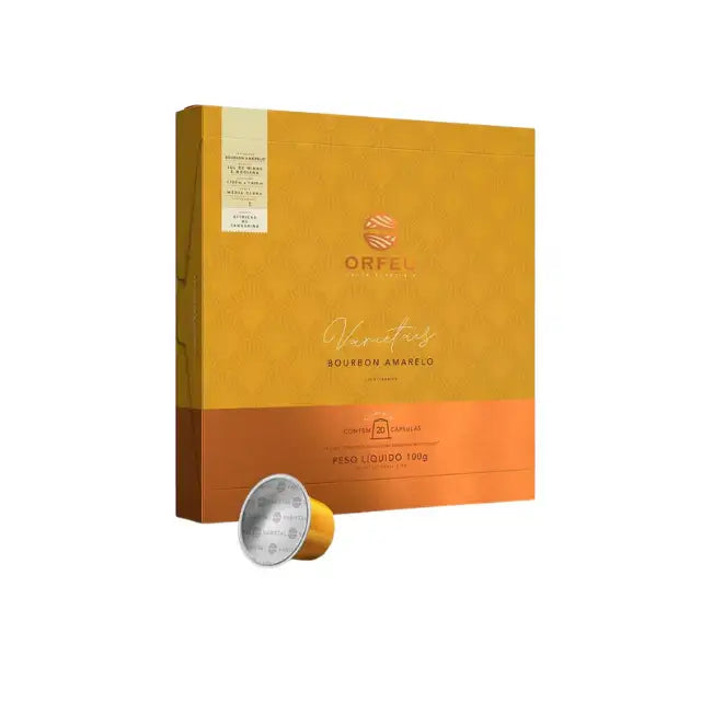 Orfeu Bourbon Amarelo Espresso Capsules – 100% Arabica, Medium-Light Roast – 3.53 oz (100g) – Orfeu Bourbon Amarelo box and a single capsule on a clean white background, emphasizing product clarity and sophistication. – Buy now at MKPBR.COM – Worldwide Shipping