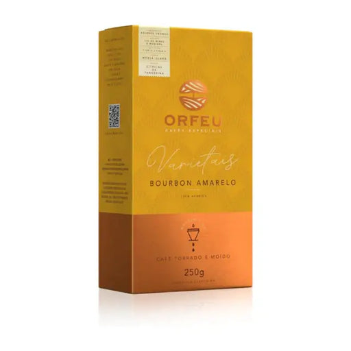  Orfeu Bourbon Amarelo Ground Coffee- A vibrant package of Orfeu Bourbon Amarelo Ground Coffee, highlighting its distinctive branding and 'Bourbon Amarelo' label. – Buy now at MKPBR.COM – Worldwide Shipping