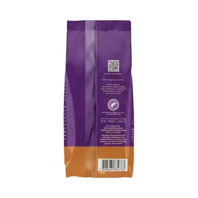 Orfeu Japy Whole Bean Coffee – 100% Arabica, Dark Chocolate, Chestnut & Hazelnut, Medium Roast – 8.82 oz (250g) – A minimalist studio shot of the Orfeu Japy Whole Bean Coffee package, back. – Buy now at MKPBR.COM – Worldwide Shipping