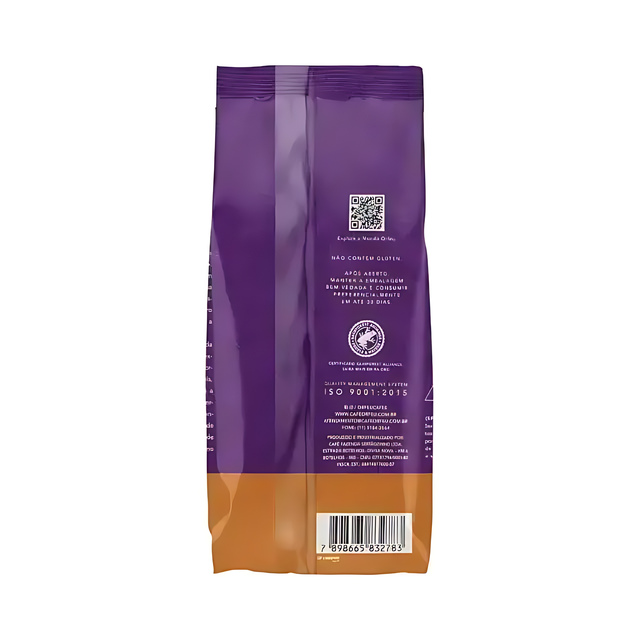 Orfeu Japy Whole Bean Coffee – 100% Arabica, Dark Chocolate, Chestnut & Hazelnut, Medium Roast – 8.82 oz (250g) – A minimalist studio shot of the Orfeu Japy Whole Bean Coffee package, back. – Buy now at MKPBR.COM – Worldwide Shipping