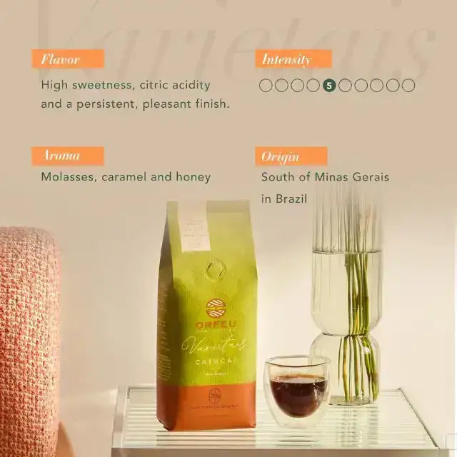 Orfeu Catucaí Whole Bean Coffee – The Orfeu Catucaí Whole Bean Coffee bag highlighting its monovarietal status and quality. – Buy now at MKPBR.COM – Worldwide Shipping