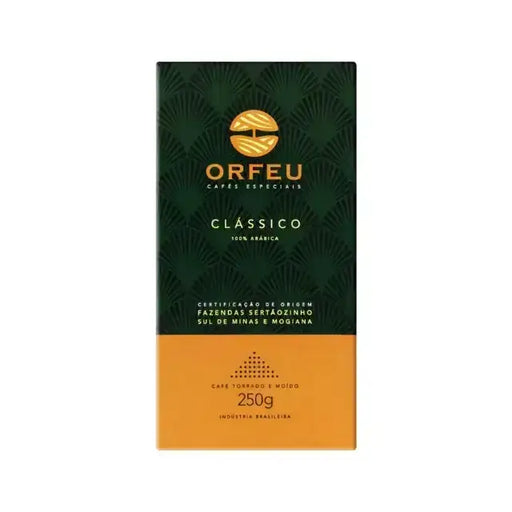 Orfeu Classic Ground Coffee – 100% Arabica, Floral, Fruity & Caramel Notes, Medium Roast – 8.82 oz (250g) – A sleek package of Orfeu Classic Ground Coffee, highlighting its elegant design and 'Clássico' label. – Buy now at MKPBR.COM – Worldwide Shipping